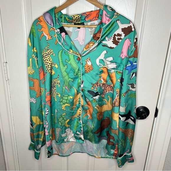 Karen Mabon Turquoise Animal Novelty Print Button Down Pj Top Sz L Boho Indie - Picture 1 of 8